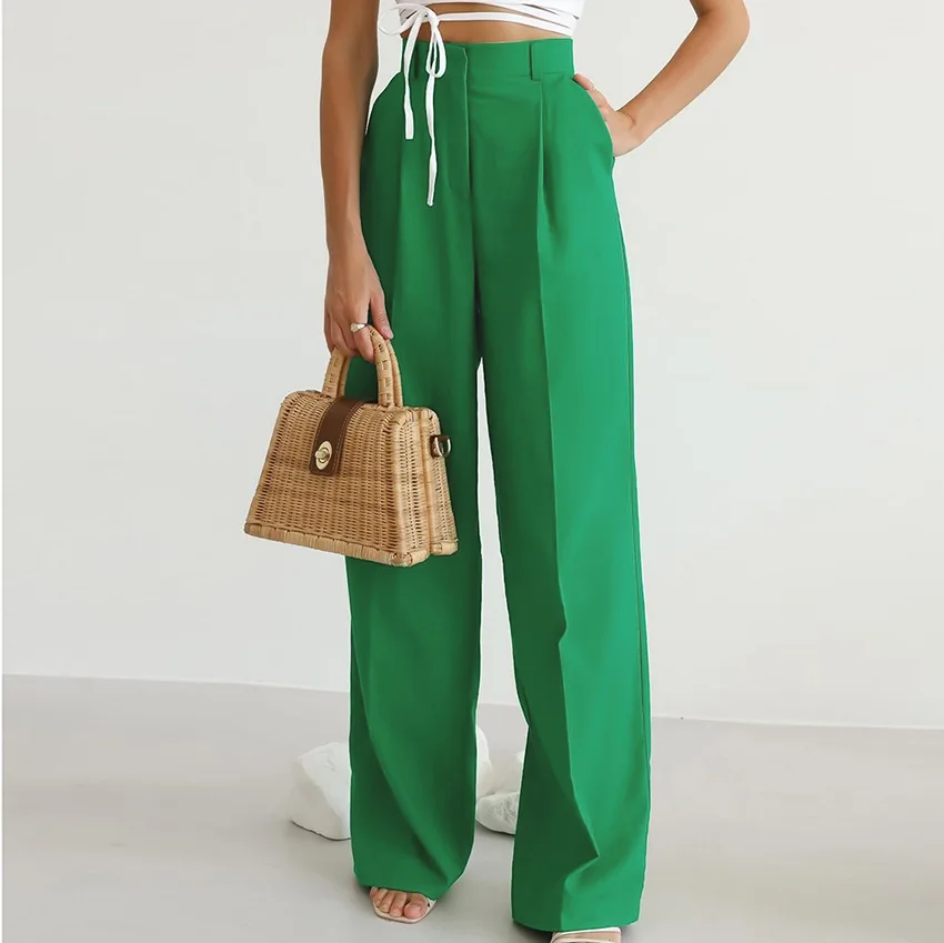 

2024 Spring Women's Green High Waist Wide Leg Pants Ladies Suit Pants Loose Casual Long Trousers