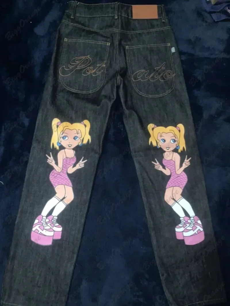 Pantalones vaqueros con estampado de doble cola de caballo para mujer, pantalón holgado de pierna recta y pierna ancha, estilo Harajuku gótico, Y2k