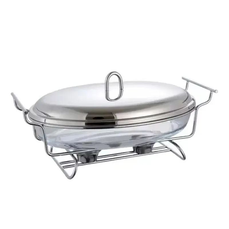 RRR Stainless Steel Chafing Dish Glass Insert 3L Alcohol-Fueled Food Warmer Manual Temperature Control 85-100C Rectangular