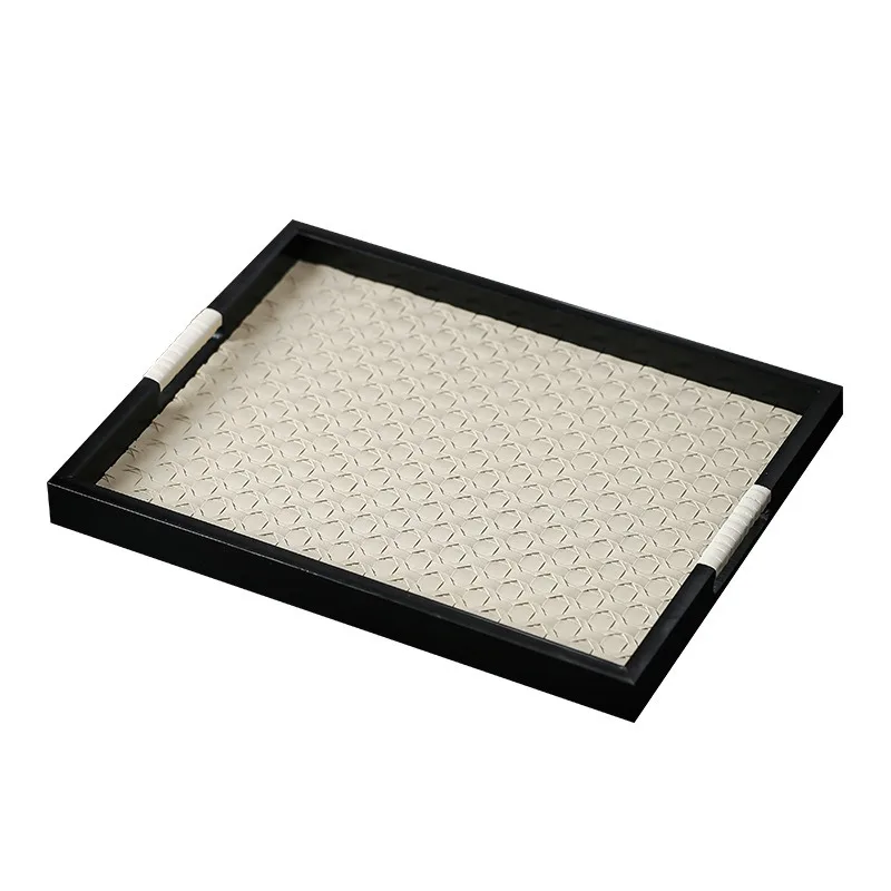 Faux Rattan Woven Tray Black Frame Double Handle Rectangular Storage Organizer Decorative Tray for Living Room Coffee Table Home