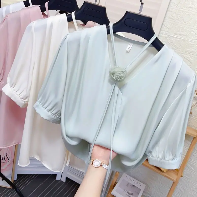 Fashion Drawstring Floral V-neck Chiffon Short Sleeve Blouses Women's Summer New Loose Solid Color Spliced Satin Versatile Shirt