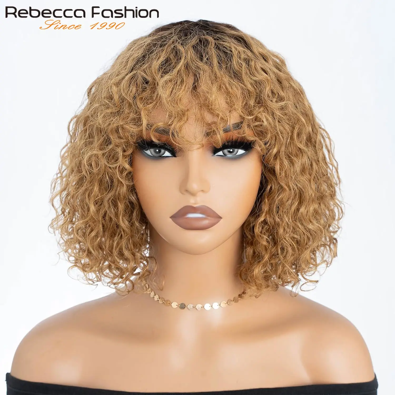 Short Curly Bob Wigs with Bangs 100% Human Hair Water Wave Glueless Wigs Through and Go 150% Density Ombre Honey Blonde Color