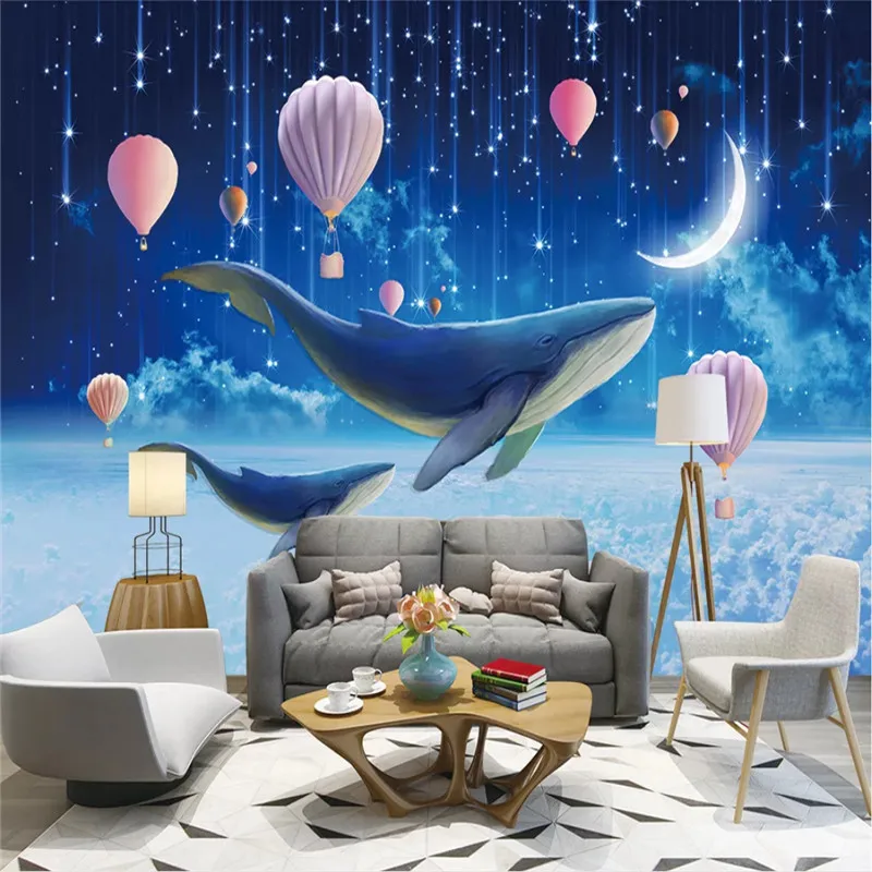 

Custom Children's Room Wall Paper 3D Blue Fantasy Starry Ocean Whales Mural Wallpaper for Kids Room Wall Papers Home Decor