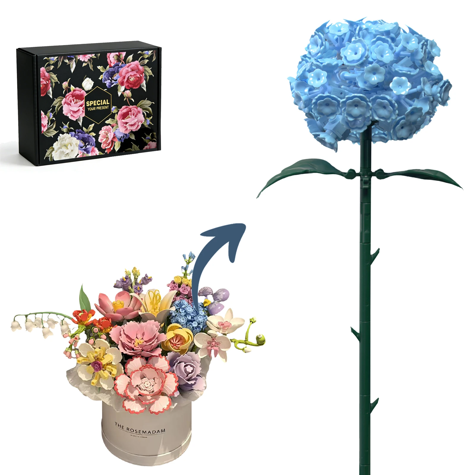 Hydrangea Blossoms Building Block Bouquet Flowers Featuring Gradient Petal Details Ideal for Tabletop Display Home Deco（177 PCS）