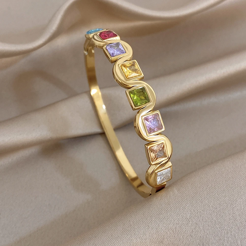 Boho Square Colored Zircon Inlaid Wave Stainless Steel Bangle for Women Shining Golden Waterproof Spring Bracelet Charm Jewelry