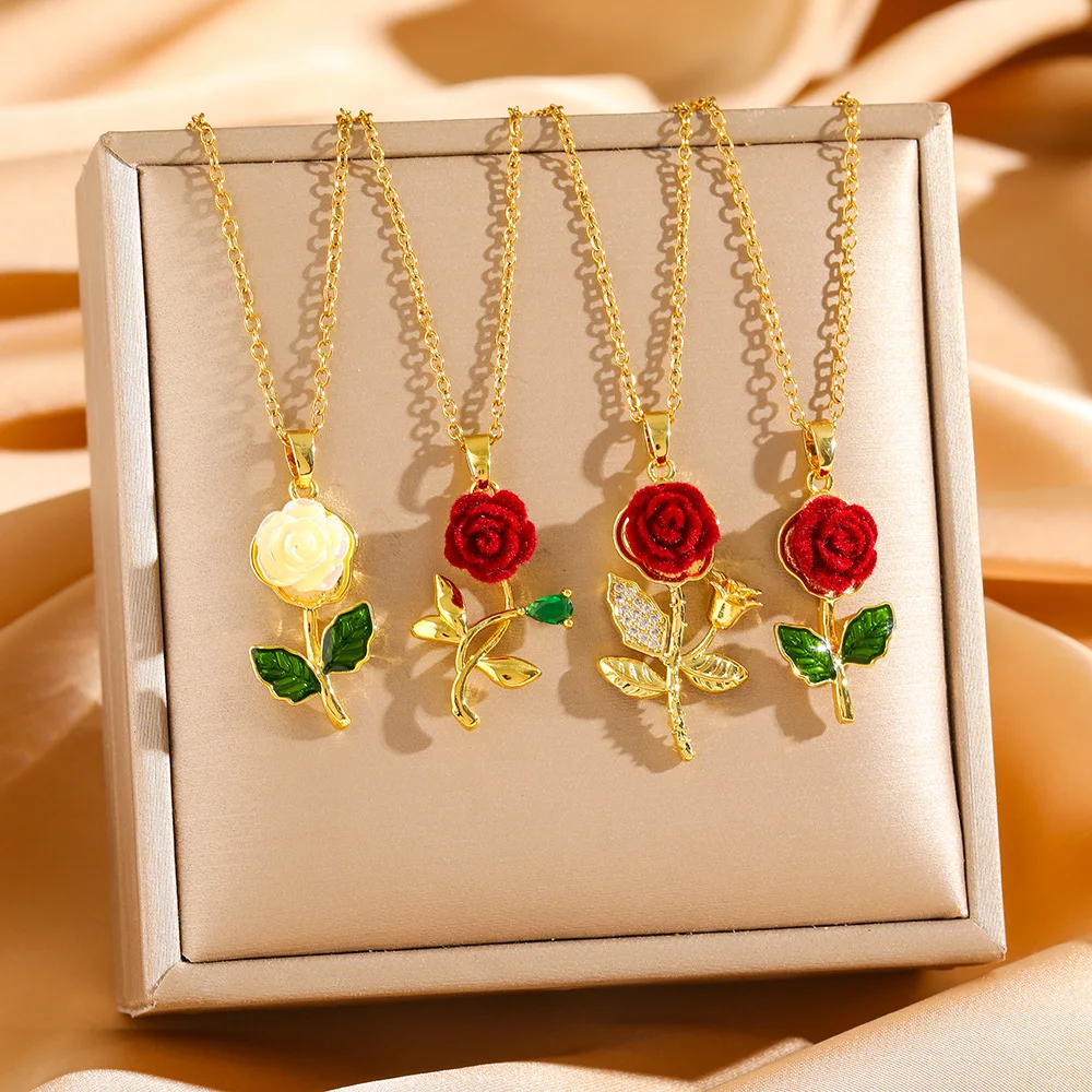 LAMENGLY 316L Stainless Steel Rose Charm Girl Gorgeous Full Diamond Necklace Jewelry Women's Jewelry Gifts