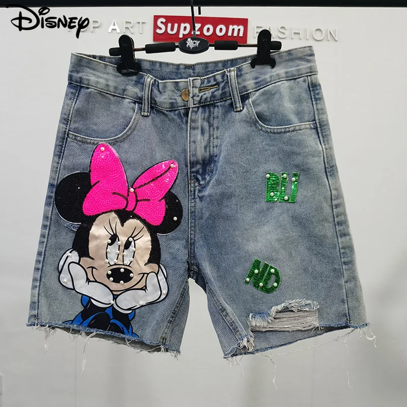 Disney New Arrival Top Fashion Cotton Women Embroidery Beading Mickey Mouse Female Summer Big Irregular Flash High Waist Short