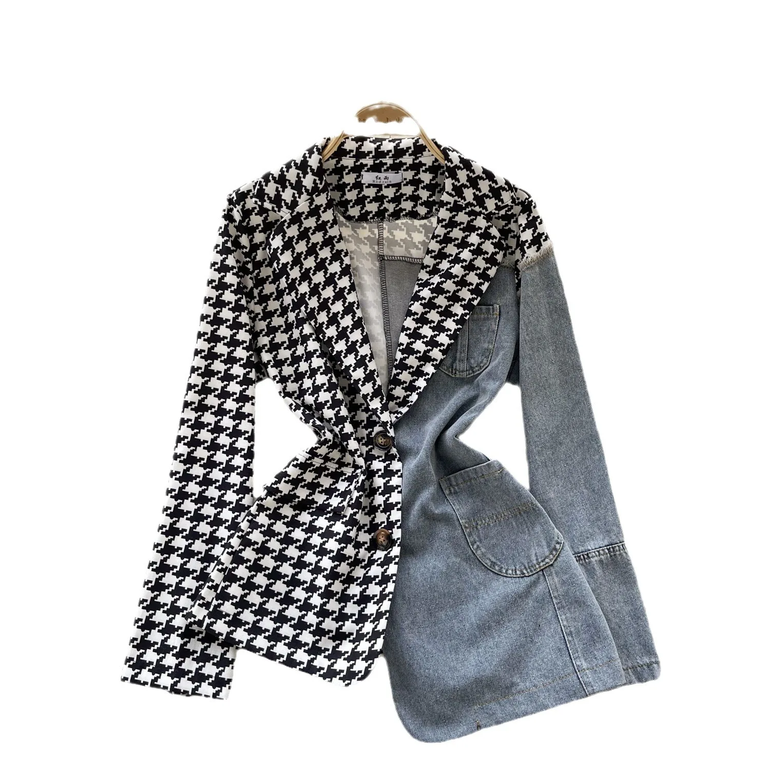 Vintage Patchwork Denim Blazer Women Spring Autumn Notched Long Sleeve Asymmetrical Jacket Office Lady Coat Blazer Mujer