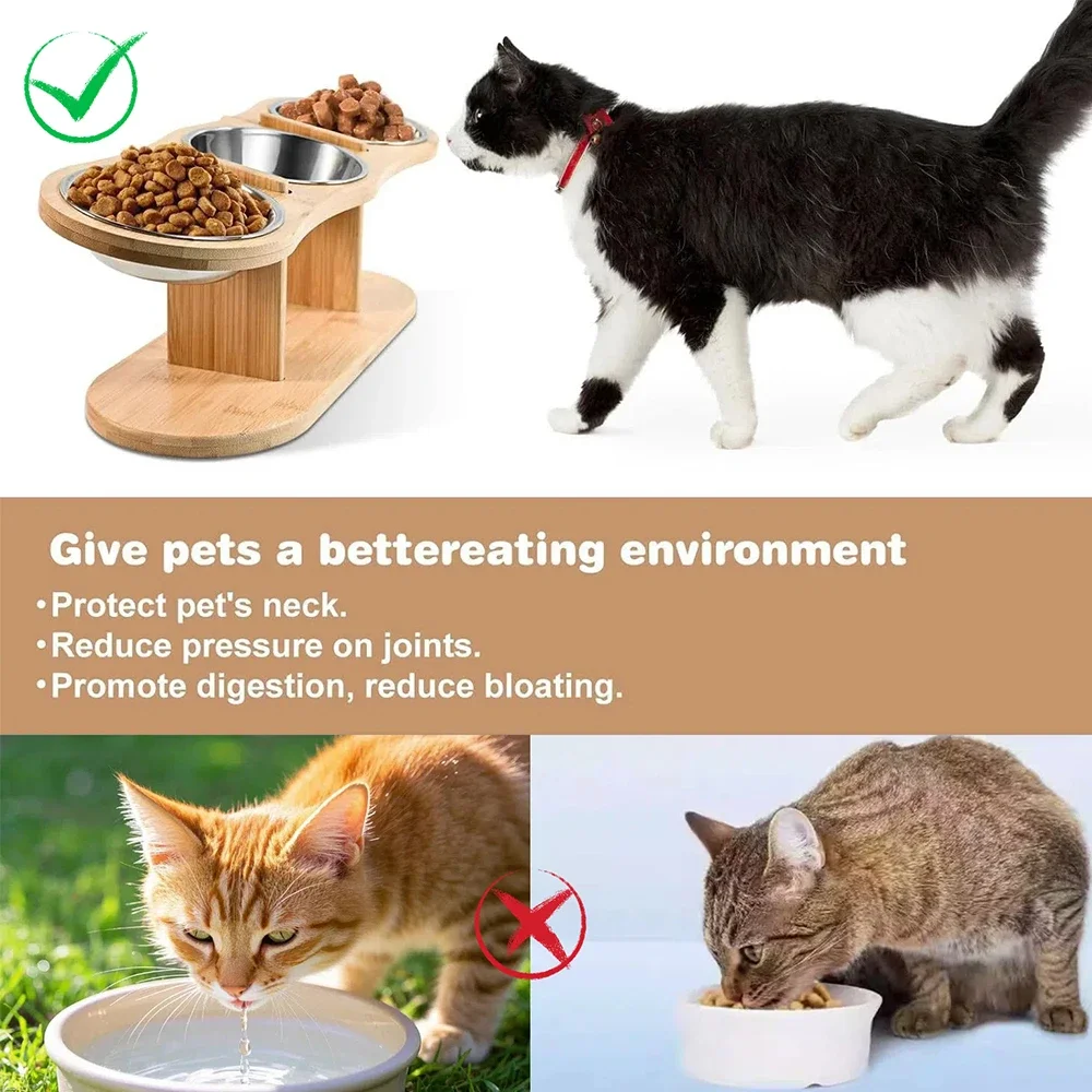 

3 Bowl design solid wood elevated feeder with stainless steel liner, Become a good companion of cat's diet