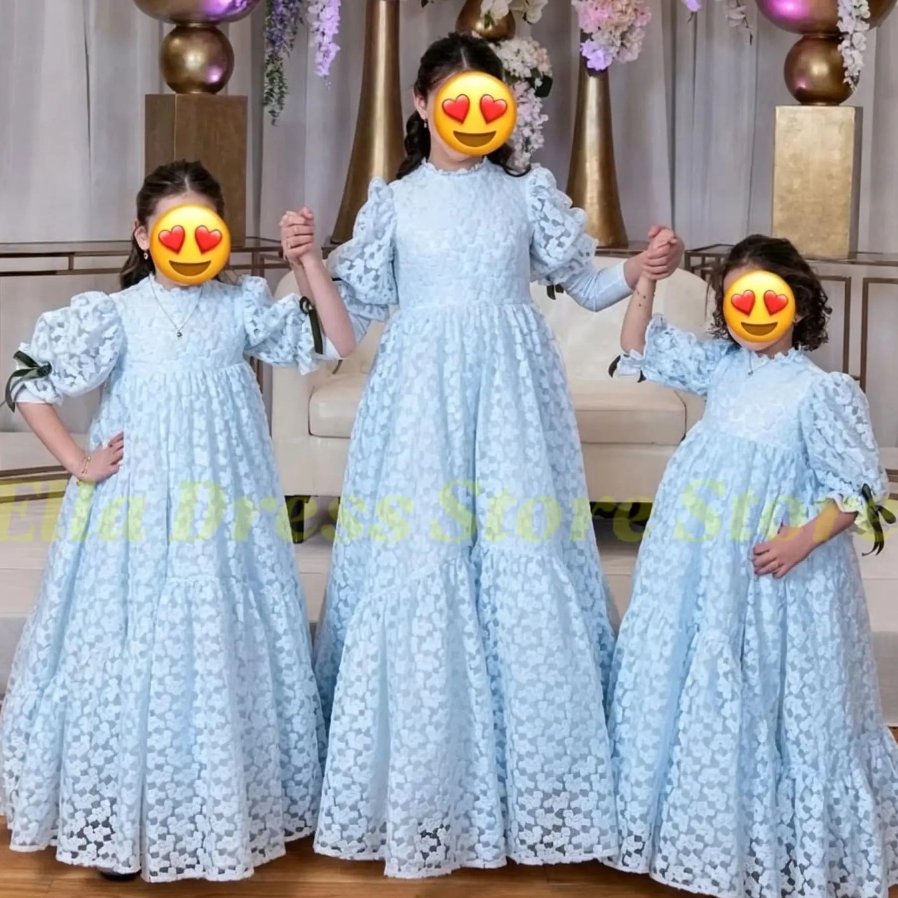 Blumenmädchenkleid Weiß mit Ballonärmeln, Blumenmädchenkleider für Hochzeiten, Ausgeschnittene Spitze, Langes Prinzessinnenkleid für Kinder, Festkleid für Mädchen – Detail 6