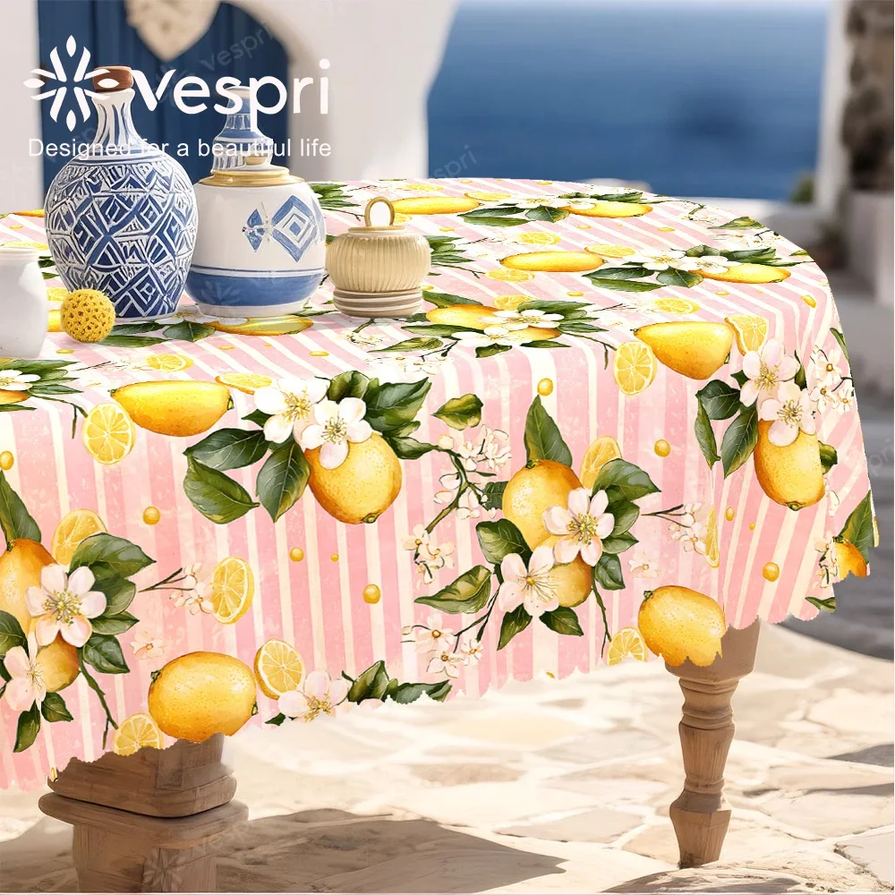 Vespri fruit tablecloth, with pink and white decorations, featuring lemons, green leaves and stripes, yzb