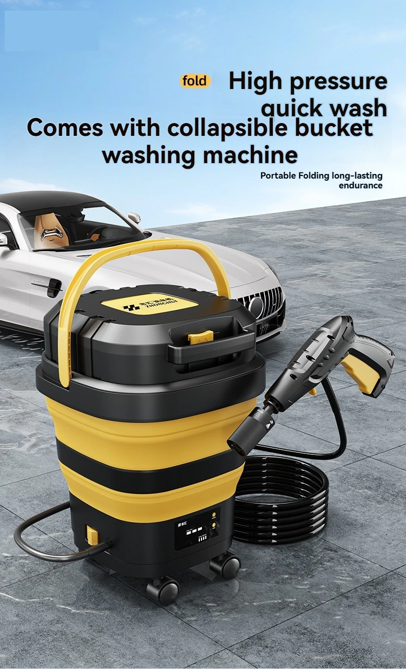 Portable Cordless Car Washing Machine Foldable Water Tank Adjustable Pressure Wheel Type High Pressure Water Gun