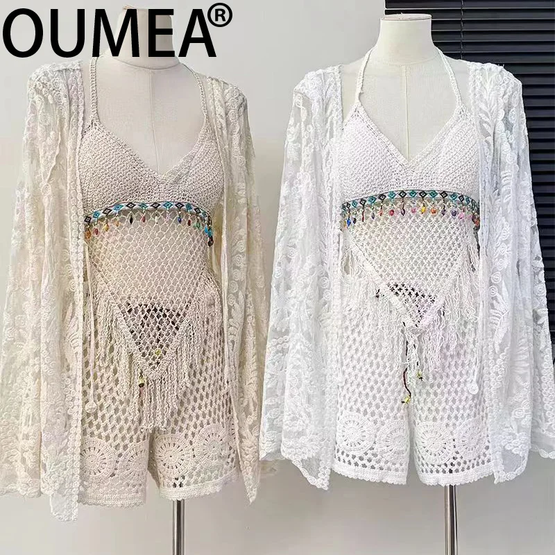 

OUMEA Women Crochet Set Summer Beach Cover Up Casual Cotton Three Pieces Set Beach Style Fringed Tops Long Sleeve Sheer Cover Up