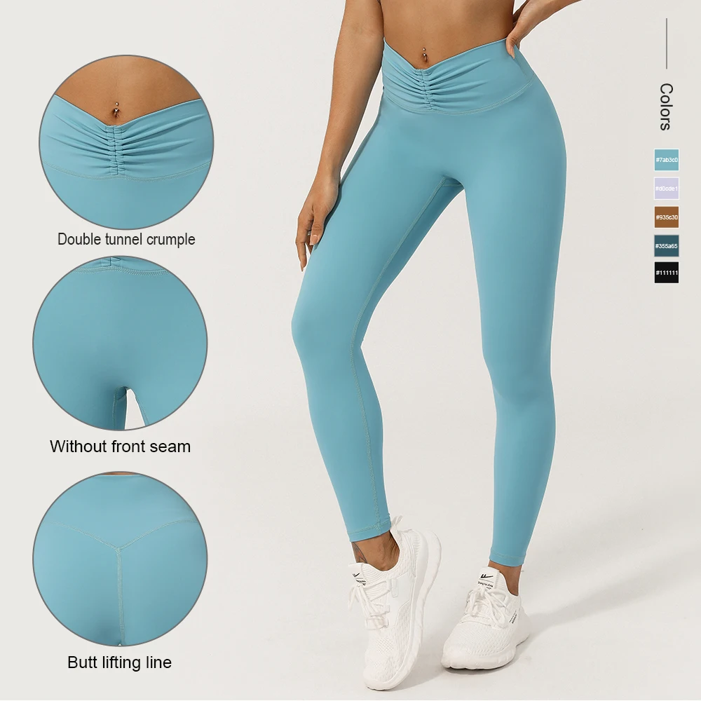 

Wrinkled Waist Tightening Sports Leggings Lifting Buttocks No T-line Yoga Cropped Pants Fitness Gym Solid Color Workout Tights