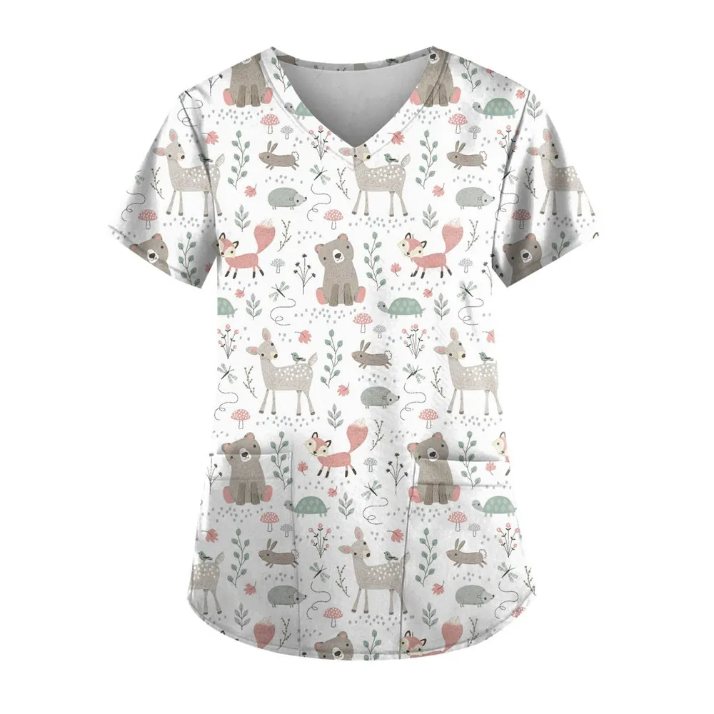 Women's Clothing Cartoon 3D Print V-neck Women's Working Clothes Tops Short Sleeve With Pockets Carers Medical Nurse Uniform