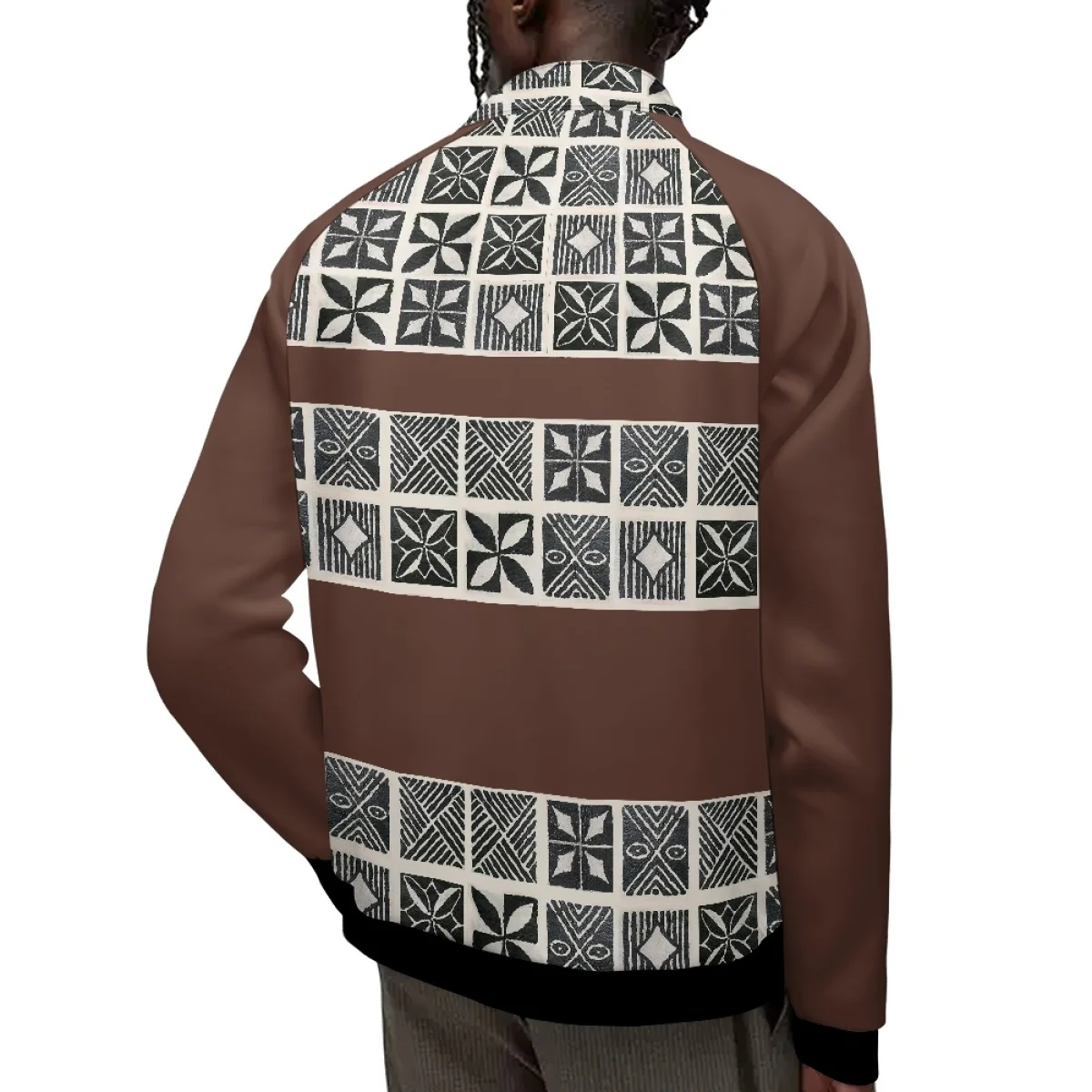 Hoodie Mens Streetwear Outer Custom Polynesian Tribal Tapa Brown Print Casual Stand Collar Raglan Zip up Sweatshirt Jacket