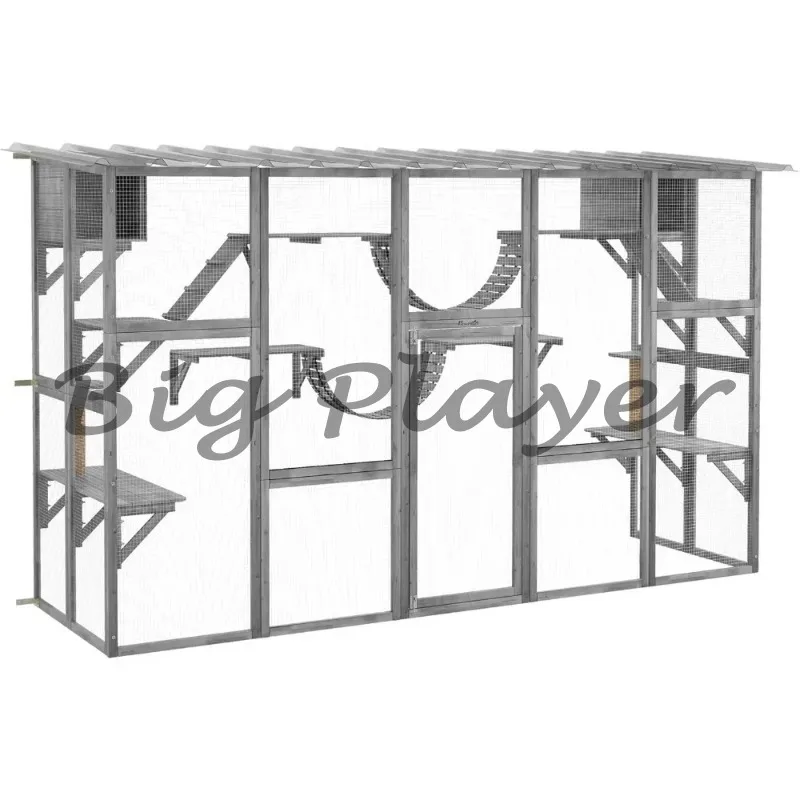 Playground Cat Window Box Outside Enclosure, Outdoor Cat House With Weather Protection Roof For Multiple Kitties