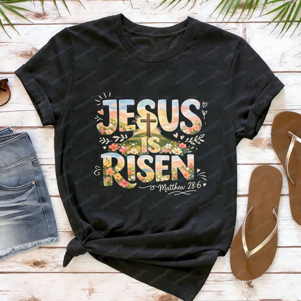 Jesus Is Risen Easter TShirt Women Matthew 28 6 Christian Religious Graphic Tees Casual Short Sleeve Faith Based Holiday Tops