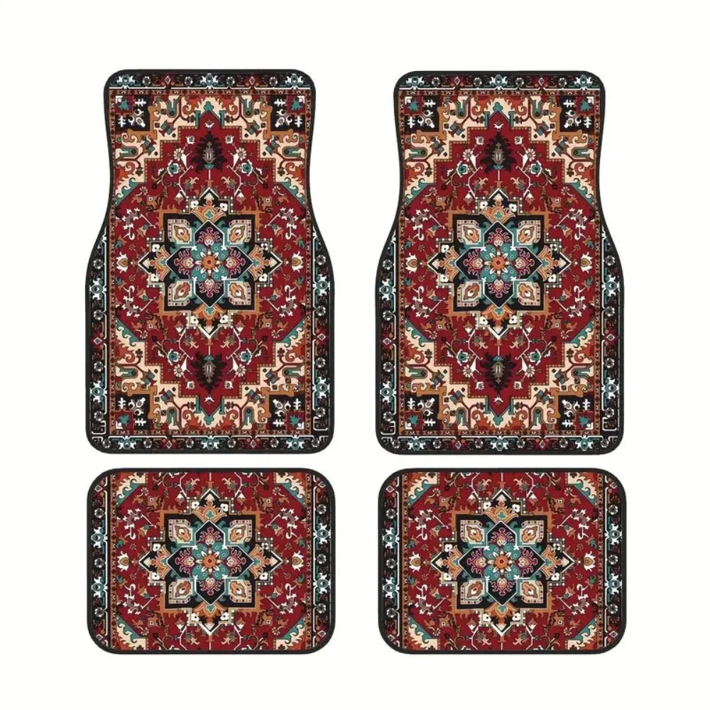 Image of 4-teiliges Bohemian Auto-Fußmatten-Set, Rutschfest, Strapazierfähig, Persischer Teppich, Schmutzabweisend, Auto-Dekoration, Bodenschutz-Matten