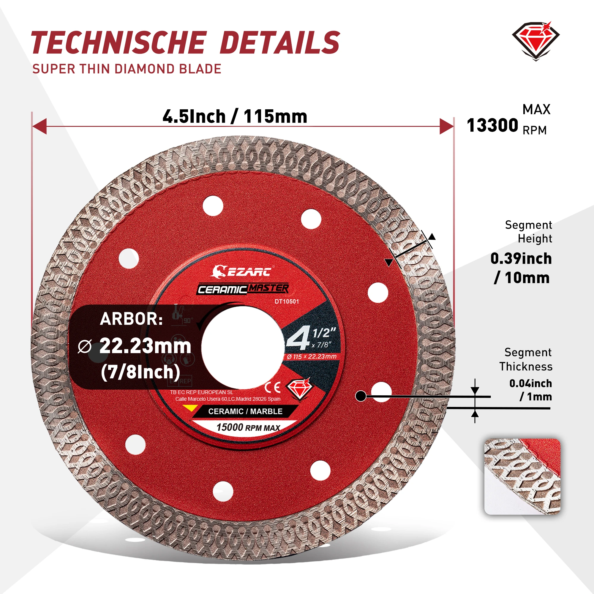 EZARC Lama per sega diamantata da 4,5"/5"/7"/10" Lame da taglio diamantate super sottili per ceramica a secco e bagnato per piastrelle in ceramica di marmo e porcellana