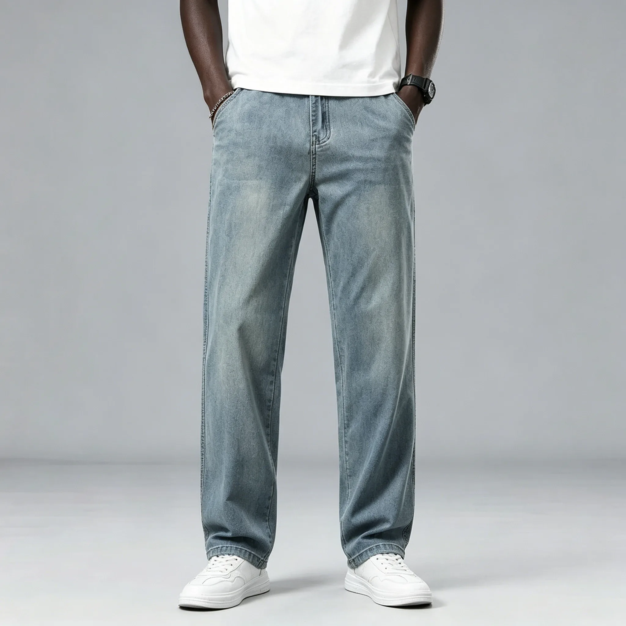 2026 Loose Straight Casual Denim Pant Elastic Ice Silk New Summer Ultra-thin Lyocell Men's Jeans Drape Soft Fabric Male Trousers