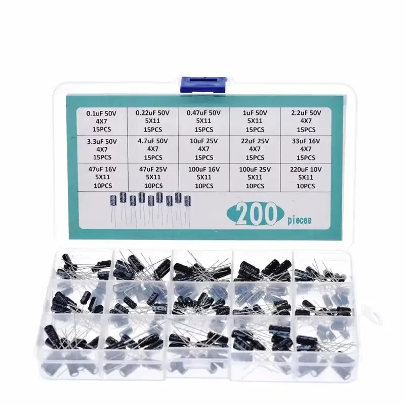 200PCS 15 types of direct insertion electrolytic capacitor box kit, 0.1UF 50V-220UF 10V, 200 pieces, 1 box