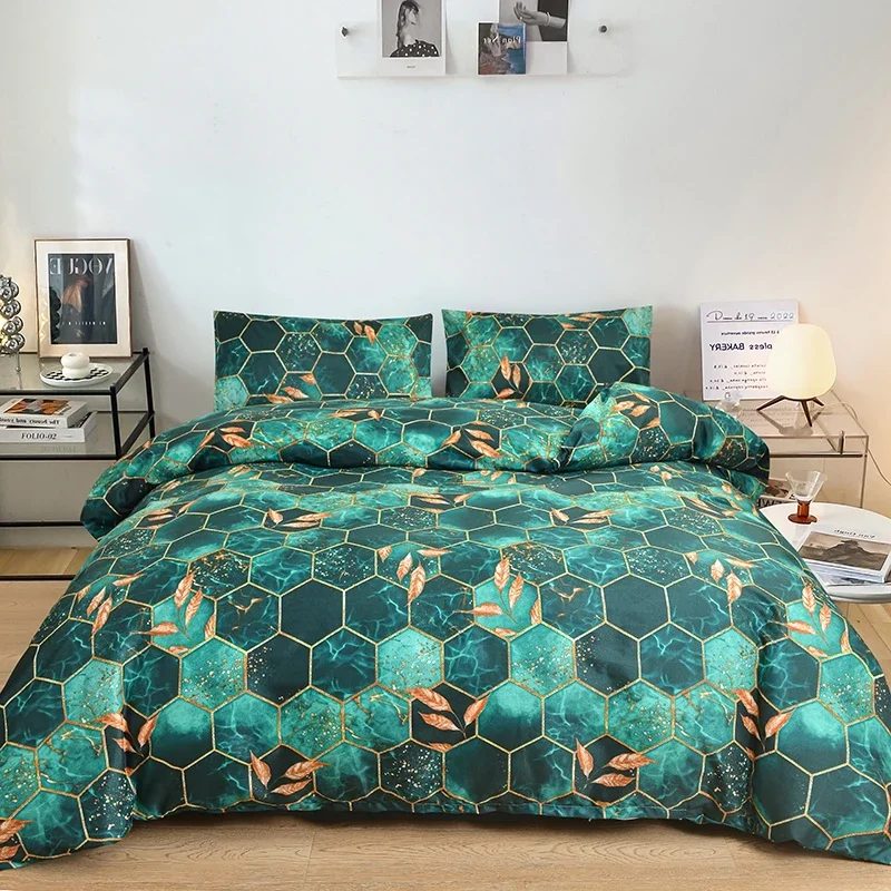 Honeycomb Duvet Cover Twin Queen Size Modern Marble Bedding Set for Boys Girls Geometrical Green Gold Reversible Comforter Cover