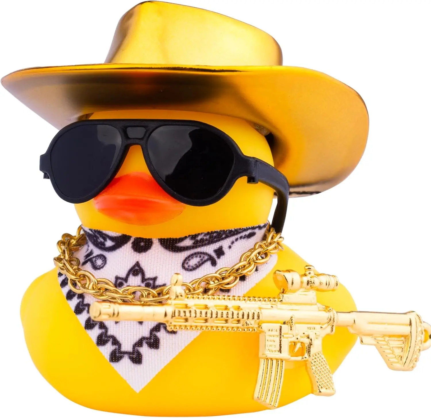 Cowboy-Ente mit Waffen, Auto-Armaturenbrett-Dekorationen, Gummi-Ente, Auto-Ornamente mit coolen Accessoires, Mini-Schwimmring, Sonnenhut, Sonnenbrille