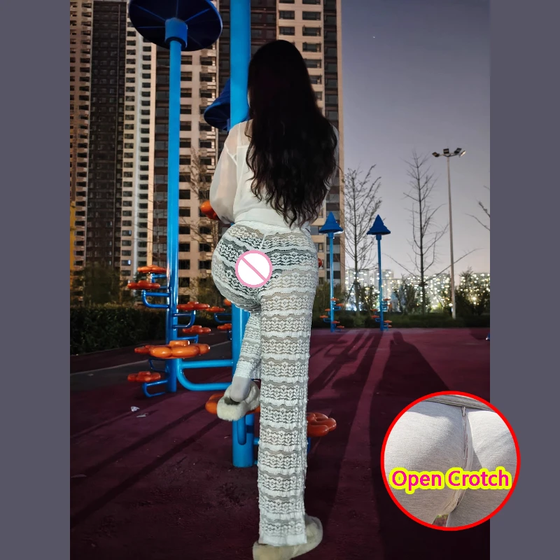 See Through Woman's Sexy White Leggings with Lace Up Decor Breathable Beige Fashion Wide Leg Pants Summer Crotchless Clubwear