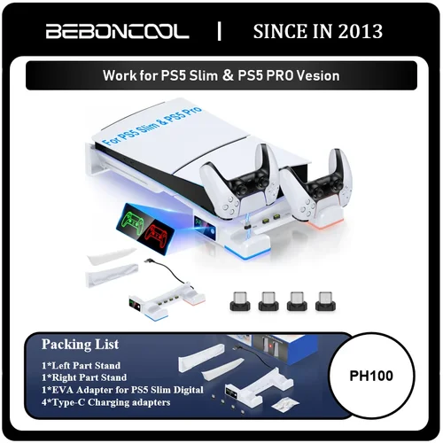 Imagen 1 del producto BEBONCOOL PH100 para PS5 Pro/Slim Digital/versión de disco soporte de carga Horizontal con luces adecuado para accesorios PS5