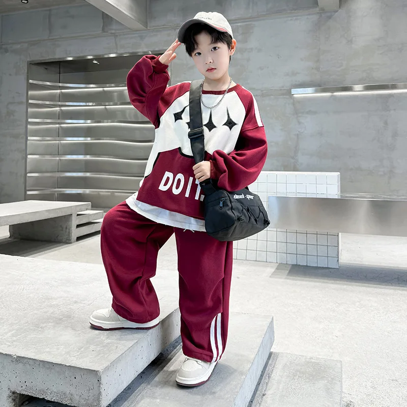 Ins Spring Junior Boys 2PCS Tracksuits Clothes Set Spliced Contrast Letter Pocket Sweatshirt Suits Cotton Straight Pants Outfits