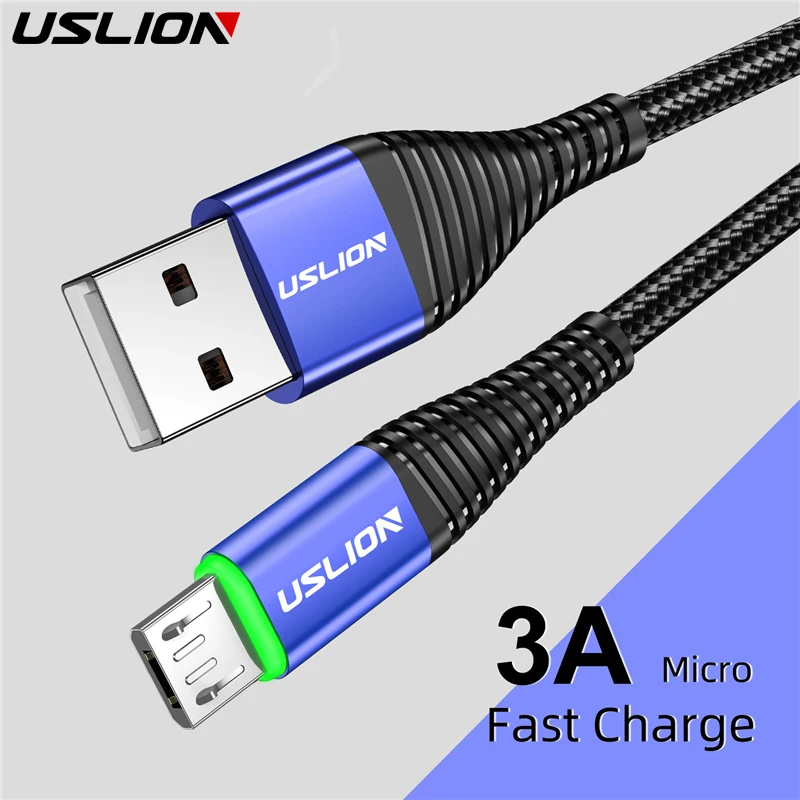 USLION-Cable Micro USB de carga rápida para Samsung, Xiaomi y Android, Cable de transferencia de datos LED 3A