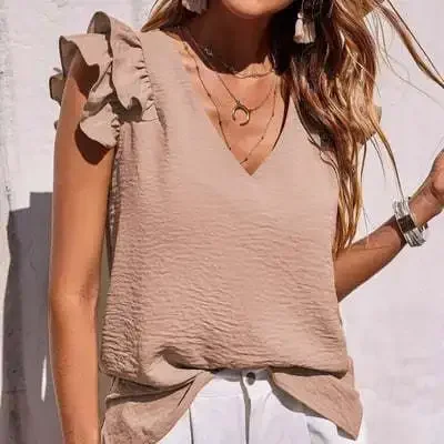 

Spring And Summer Women's Casual V-neck Ruffle Edge Vest Top Summer Sleeveless Shirt Women's