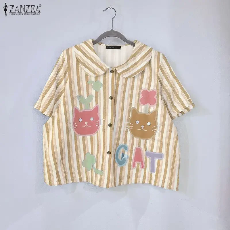 

ZANZEA Fashion Women Short Sleeve Shirts Peter Pan Collar Striped Blouse Elegant Office Lady Tunic Tops 2026 Summer Blusas Femme