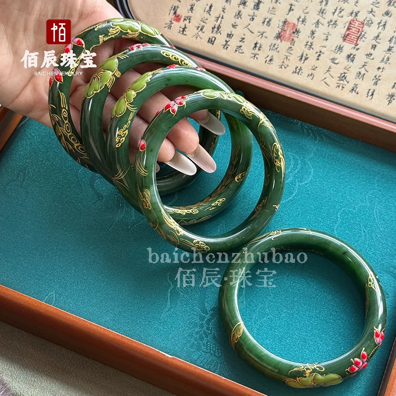Natural Xinjiang Hotan , Spinach Green Flat Jade Bracelet, a holiday gift for mom or girlfriend