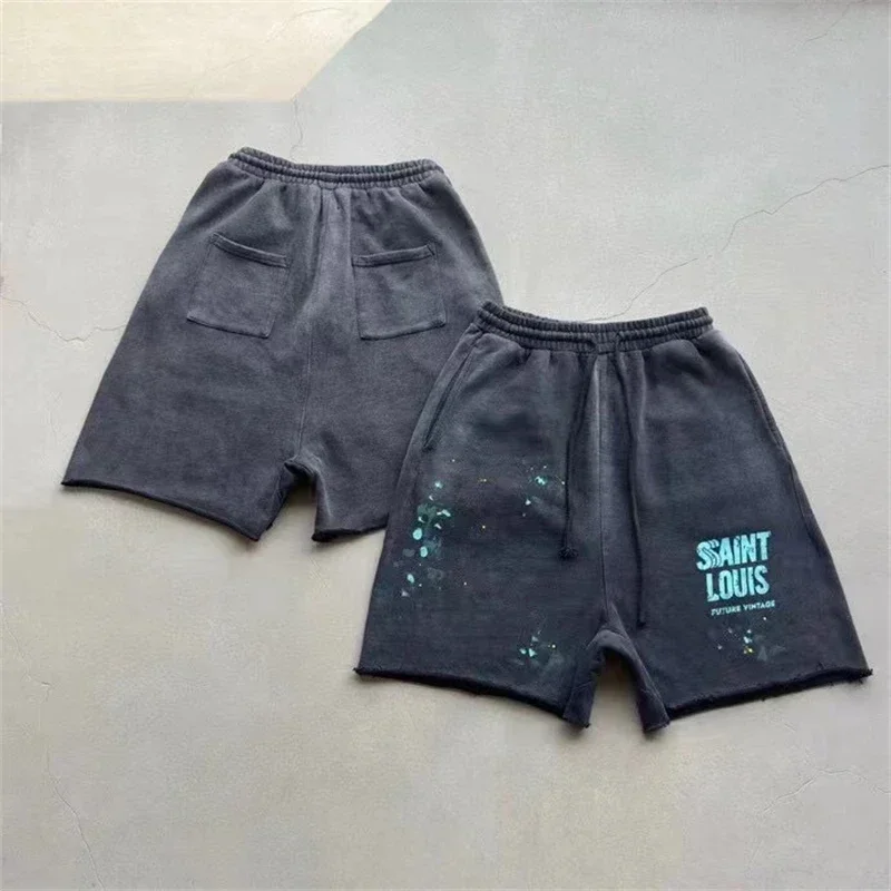 

2024ss Saint Louis Men Shorts Speckled Ink Graffiti Drawstring Oversized Women Washed Shorts