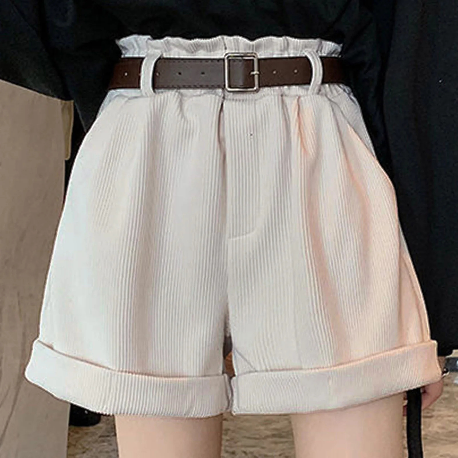 

Summer Shorts Women Corduroy Wide Leg Shorts Pants Ladies High Waist Pleated Loose Casual Super Soft Pocket Short Pants Femme