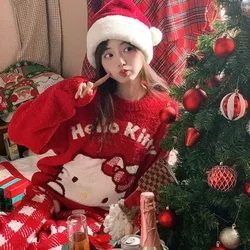 Halloween red Hello Kitty pajamas for female students autumn and winter cute sweater Kawaii loose knitted sweater Christmas gift