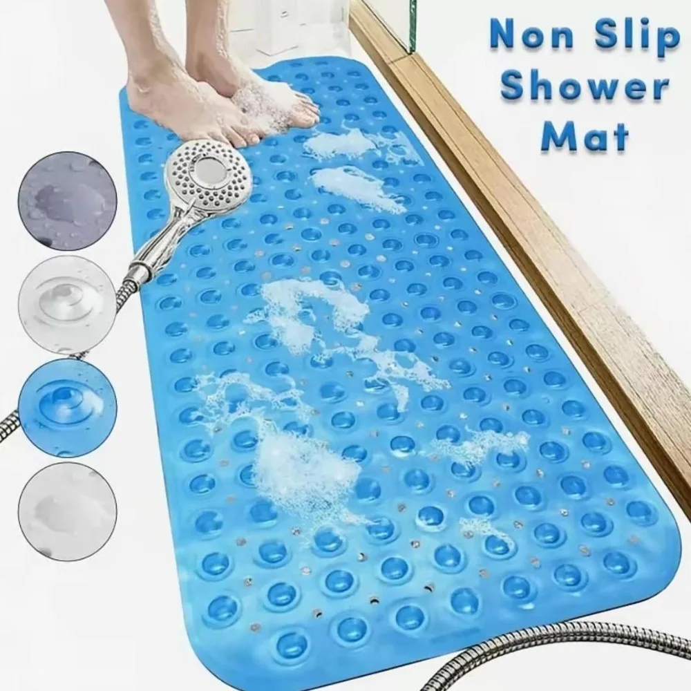 Non-Slip PVC Bathtub Mat (40x16in) with Slip-Safe Suction Cups - Durable Material, Easy Maintenance, Mold-Resistant, Waterproof Bathroom Accessory, Foldable, Machine Washable, Drip Dry, Drain Holes (Blue, Black, Gray, Clear)