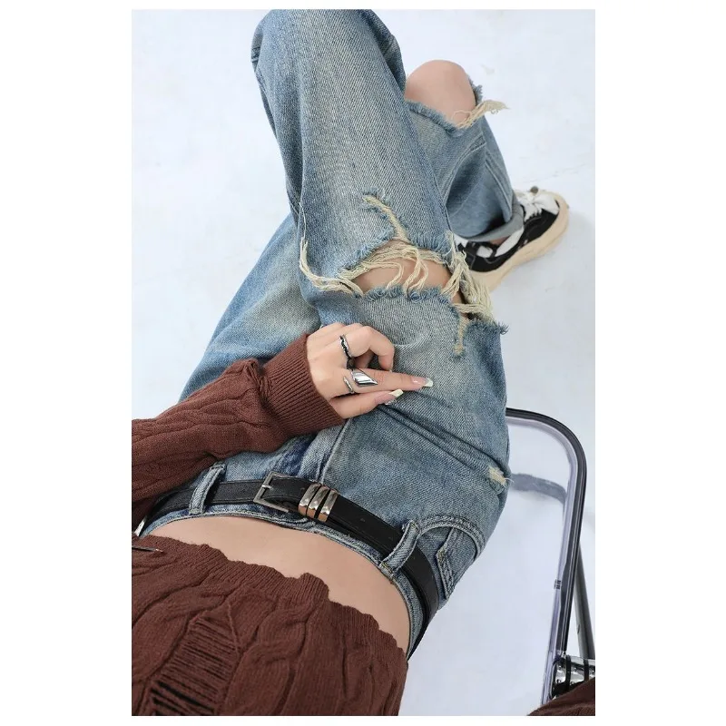 

Новые свободные повседневные прямые джинсы с высокой талией, брюки для папы, винтажные синие рваные или не девять палаток