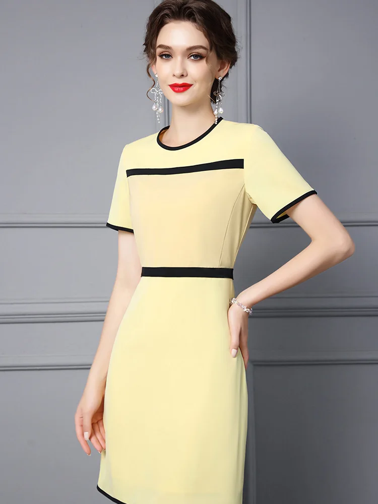 ZJYT elegante semplice Color Block abiti da ufficio giallo estate donna Designer manica corta abiti da festa lunghezza al ginocchio Robe Femmes