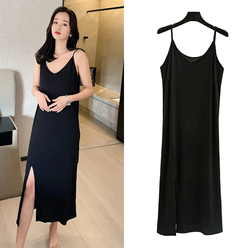 Skinny Bottoming Skirt Suspenders Nightgown Women V-neck Modal Long Night Dress Sleeveless Sleepwear Thin Side Split Nightwear