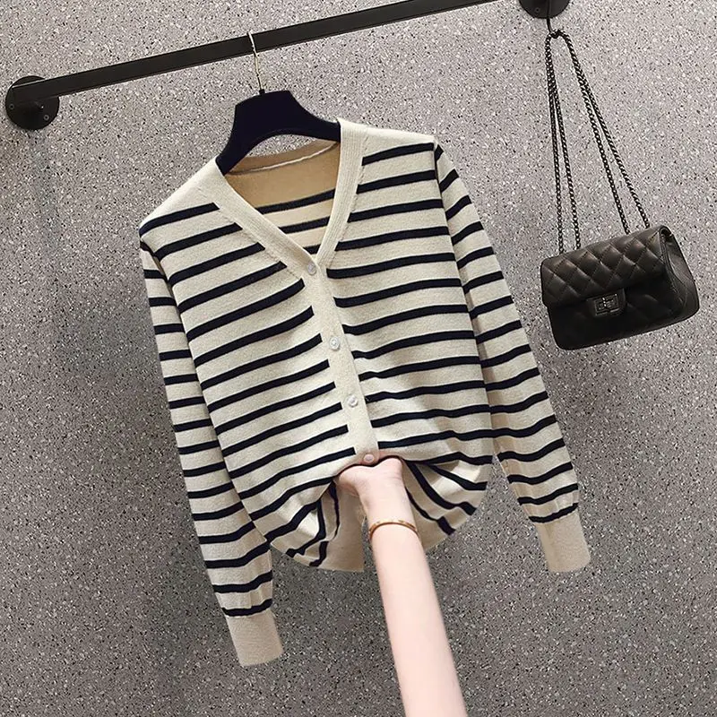 Autumn Striped Patchwork V-neck Knitted Sweater Cardigan Casual Wide Leg Pants Two-piece Set Fashionable Women's Pants Set Outfi