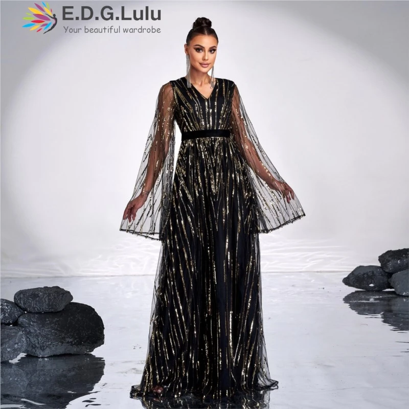 EDGLuLu V-Neck See Through Mesh Long Sleeves Women Dresses Elegant Party Glitter Sequin Print Black Long Evening Gown 1203