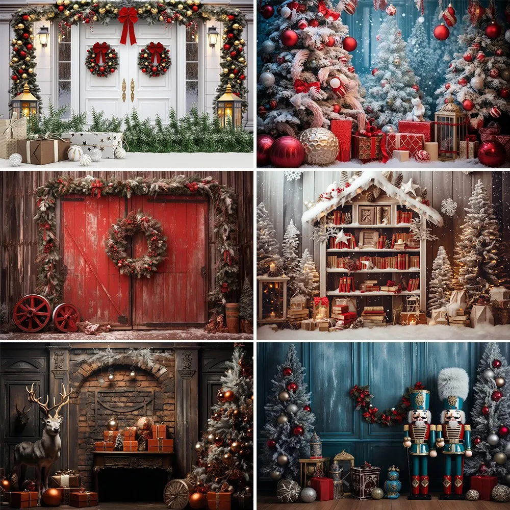 Bonvvie Christmas Party Background Photography Newborn Kids Portrait Red Door Christmas Tree Gift Decor Backdrop Photo Studio