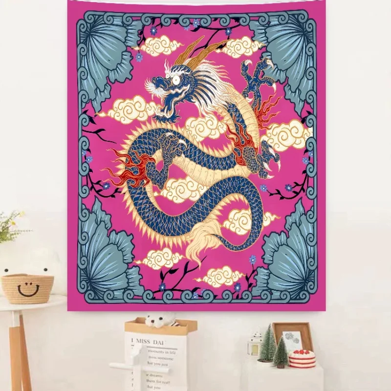 VIKAMA Chinese Tapestry Wall Hanging Dragon Pink Blue Border Clouds Oriental Mythology Vintage Aesthetic Home Decor