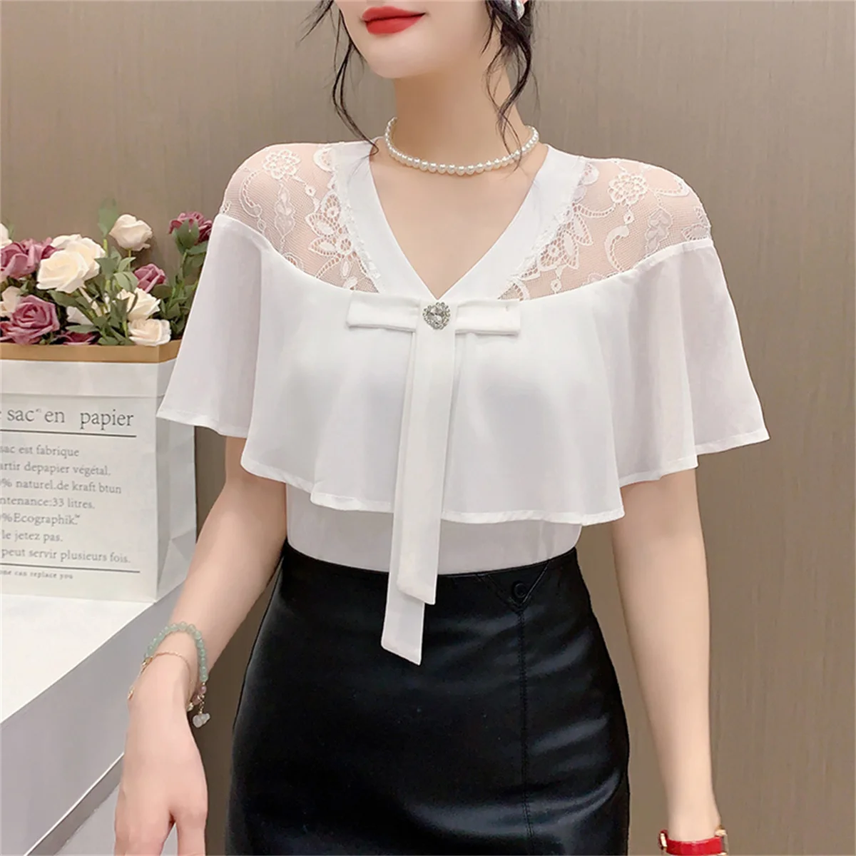 

Solid Lace Splice Mesh Slim Tshirt For Women Elegant V-neck Poncho Sleeve Bowknot Fashion Summer Women's Tops