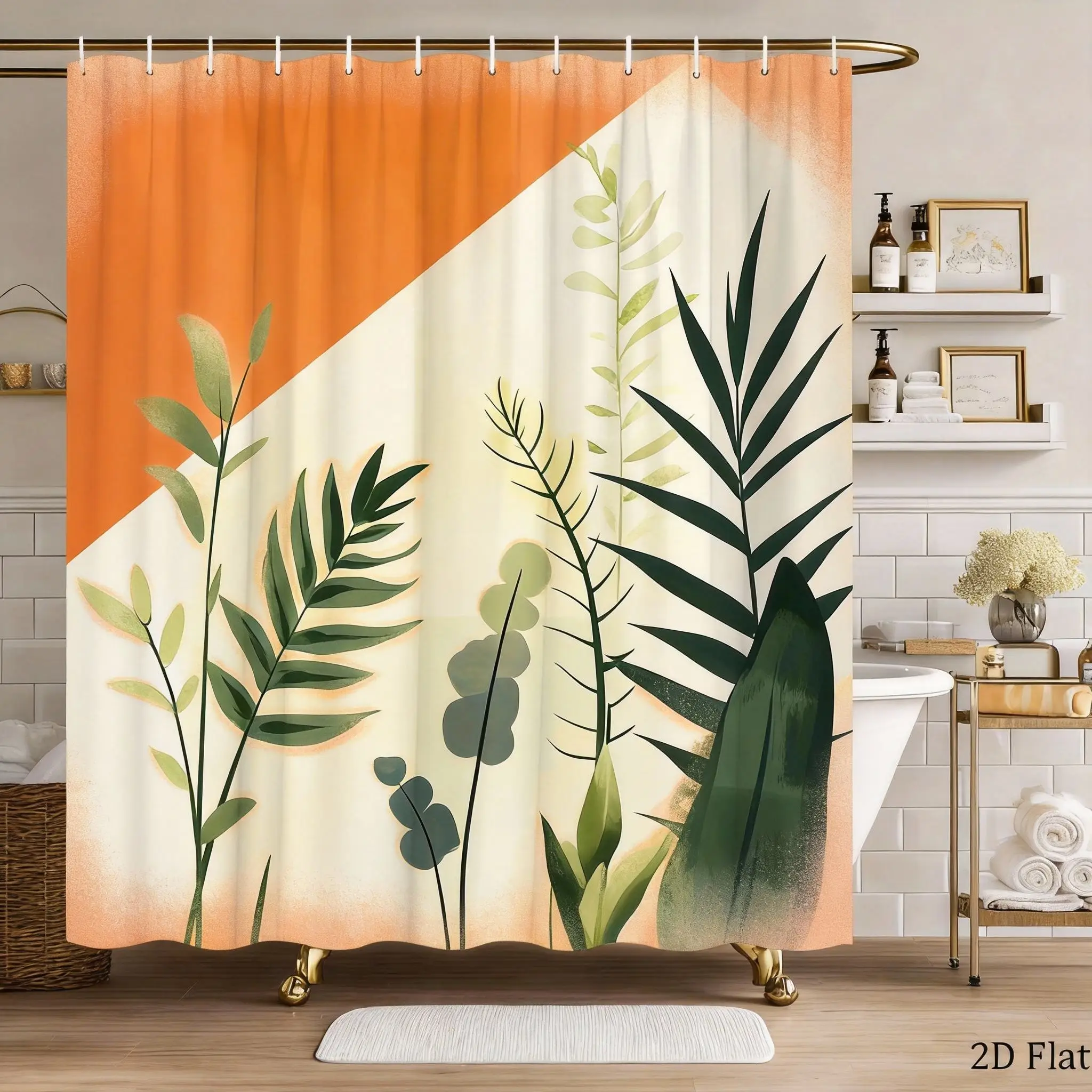 

Декоративная шторка для душа с растительным узором, 1 шт. – Геометрический блок с зелеными листьями, современный натуральный дизайн, украшение для ванной комнаты в современном стиле.