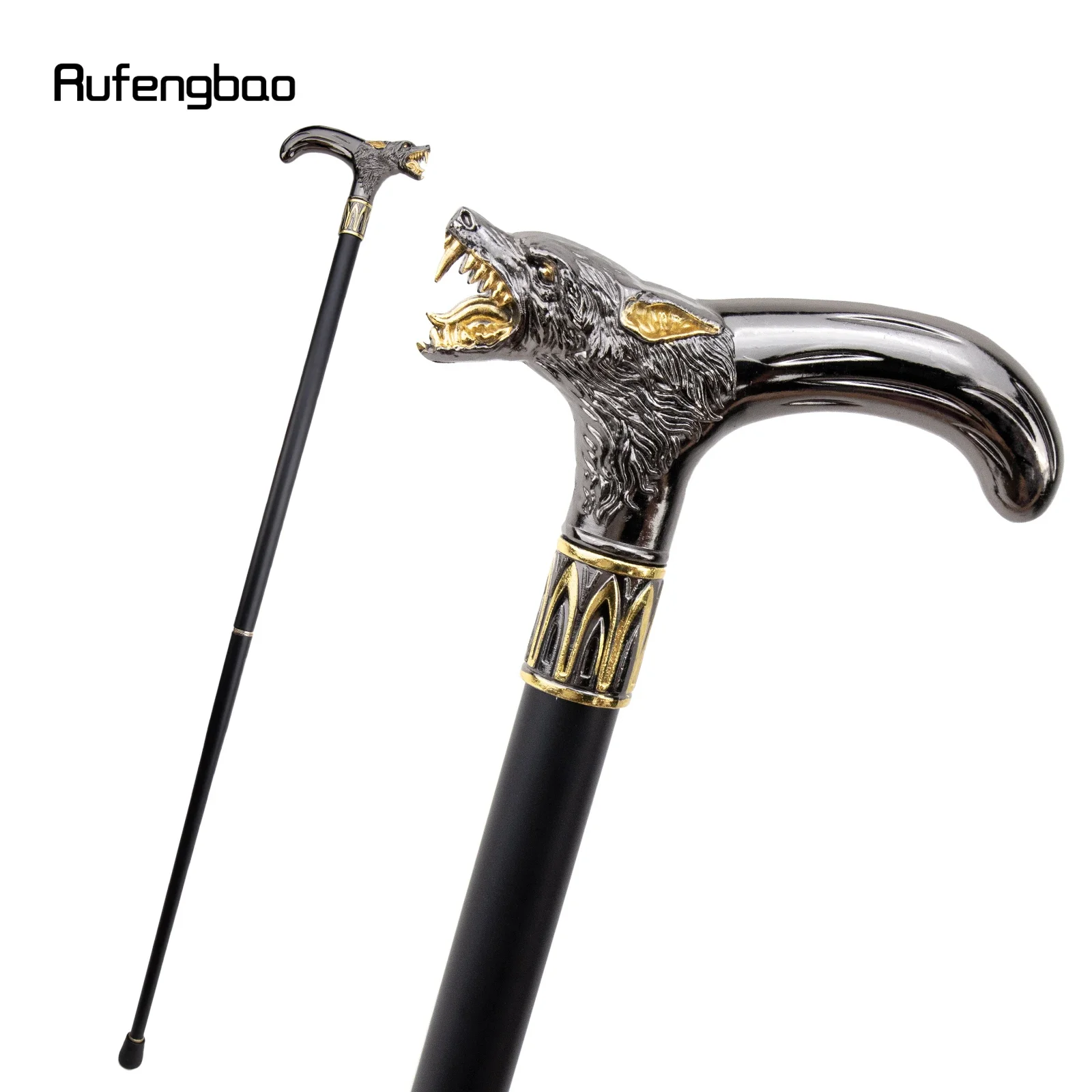 Cabeça de lobo preto dourado bengala mordida, Bastão decorativo de moda, Cavalheiro elegante Cosplay Cane Knob Crochet, 93cm