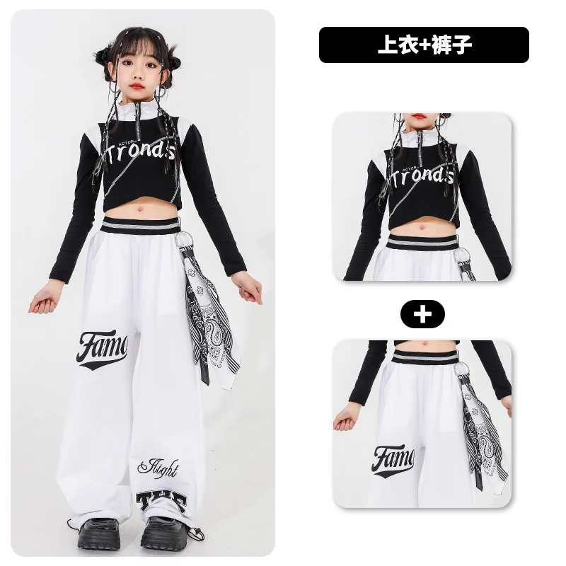 Kostum Tari Jazz Anak Perempuan Atasan Pusar Hitam Manis dan Keren Setelan Celana Putih Pakaian Panggung Pertunjukan Kelompok Anak-anak